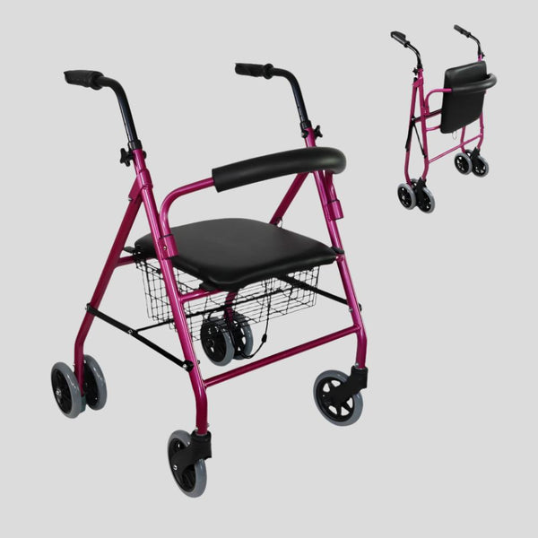 Andador plegable | Asiento y respaldo | Aluminio | Cesta | Para ancianos | Rosa | Prado | Mobiclinic