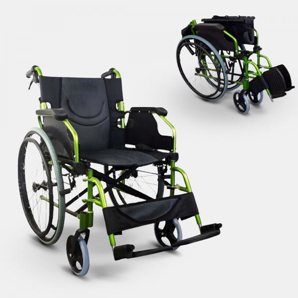 Cadeira de rodas | Alumínio | Verde | Encosto dividido | Apoios de braços dobráveis | Bolonia | Mobiclinic