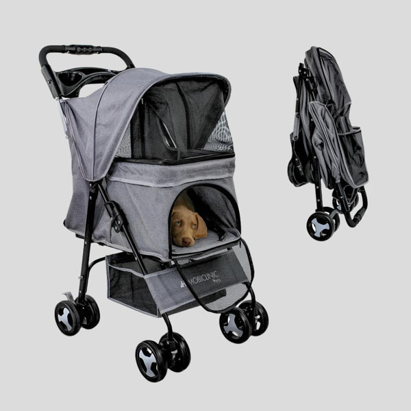 Carrito para perros | Plegable |Ruedas con freno y 360º |3 accesos |Con toldo| Cesta almacenaje y portavasos |Gris|Zuma|Mobiclinic