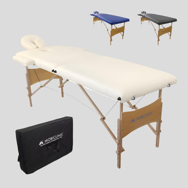 Marquesa de massagens dobrável | Apoio para cabeça | Madeira | 186x60 cm | Portátil | Creme | CM-01 | Light | Mobiclinic