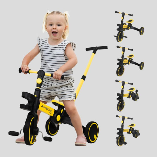 Triciclo 5 em 1 | Evolutivo | Ajustável | Máx. 25kg | Leve | 1 ano e meio-5 anos | Amarelo | Chase | Mobiclinic