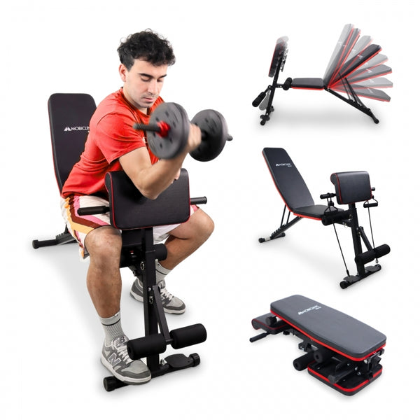 Banco de musculação | Faixas de resistência | Dobrável | Ajustável e reclinável | Capacidade máx. 120kg | Planefit | Mobiclinic