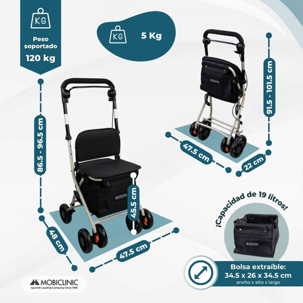 Carro de la compra andador | 4 ruedas | Hasta 120 Kg | Plegable | Con bolsa | Sistema de frenado | Negro | Coliseo | Mobiclinic