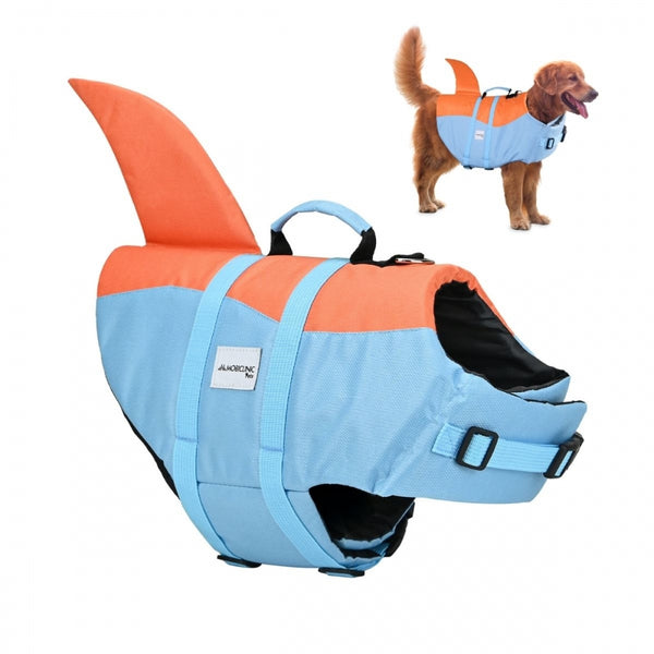 Colete salva-vidas para cães | Arnês ajustável | Guia com anel | Alça | Leve | Barbatana decorativa | Sharky | XL | Mobiclinic