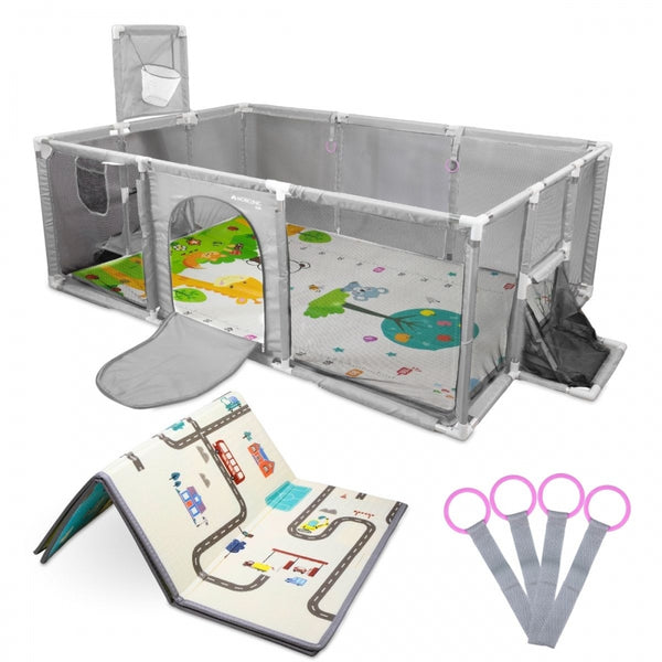 Parque de juegos infantil | Alfombra | 128x233cm | Anillas | Canasta y red de fútbol | Bolsa Transporte | Kidland | Mobiclinic