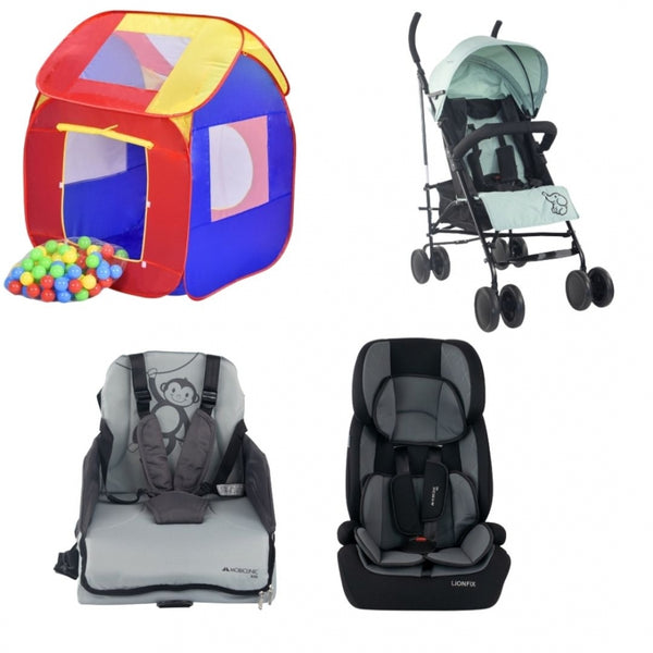 Kids Travel and Play Pack | Tenda infantil | Carrinho de bebé | Cadeira de bebé alta | Cadeira de bebé automóvel | Mobiclinic
