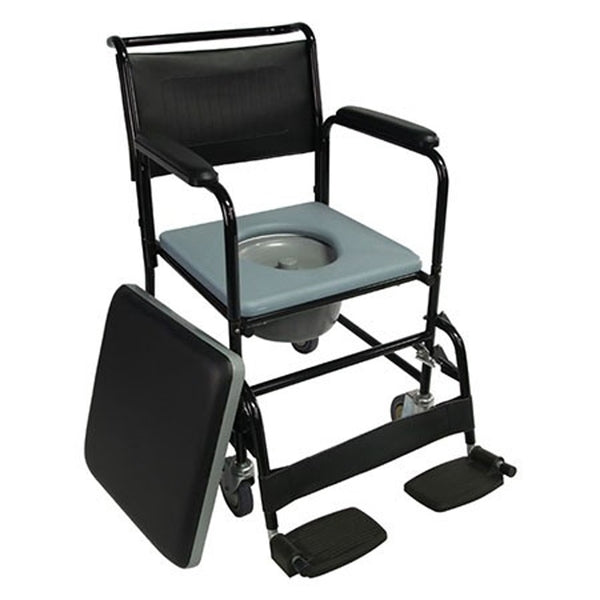 Cadeira sanitária| Rodas e tampa | Apoio para os pés dobrável e para os braços removíveis | Preto | Barco | Mobiclinic